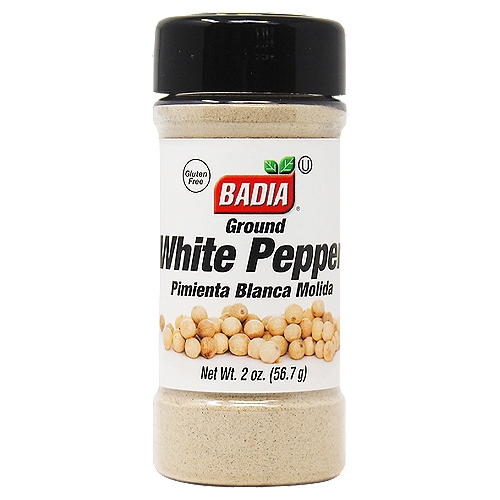 Badia Ground White Pepper, 2 oz
White Pepper is the result of a process which includes the elimination of the outer shell of a mature peppercorn. Badia White Pepper Ground has a more refined flavor and a more discreet appearance for delicate sauces.

Badia Spices manufactures, packages, distributes, a wide array of products for the everyday kitchen needs, from spices, herbs, seasoning blends, teas, side dishes, olive oils, and more. Badia is committed to offering the highest quality at the best price.