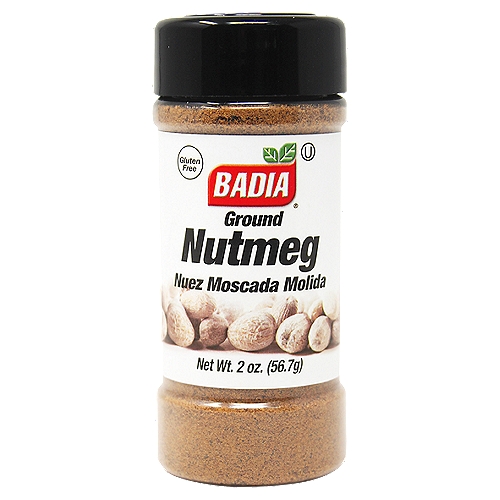 Nutmeg is the seed of a fruit resembling an apricot. Nutmeg has a deliciously sweet and nutty flavor. Badia Nutmeg Ground will enhance your favorite meat, soup, and preserves. It will also add an exotic touch to baked goods such as cookies, cakes, and fruit pies.nnBadia Spices manufactures, packages, distributes, a wide array of products for the everyday cooking needs, from spices, herbs, seasoning blends, teas, side dishes, olive oils, and more. Badia is committed to offering the highest quality at the best price.