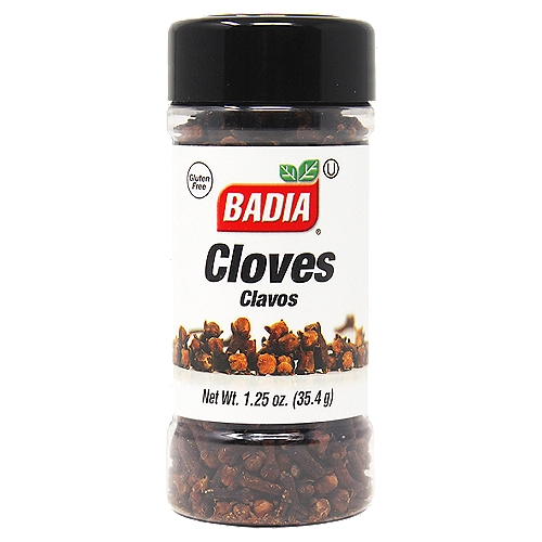 Badia Cloves, 1.25 oz
Mainly identified by their distinctive perfume and intense aroma, Cloves are the ideal balance between a touch of sour and sweetness. Badia Cloves are perfect for seasoning meats, especially pork and ham. Badia Cloves are great for baking, fruit dishes, chutneys, and bread recipes.

Badia Spices manufactures, packages, distributes, a wide array of products for the everyday cooking needs, from spices, herbs, seasoning blends, teas, side dishes, olive oils, and more. Badia is committed to offering the highest quality at the best price.