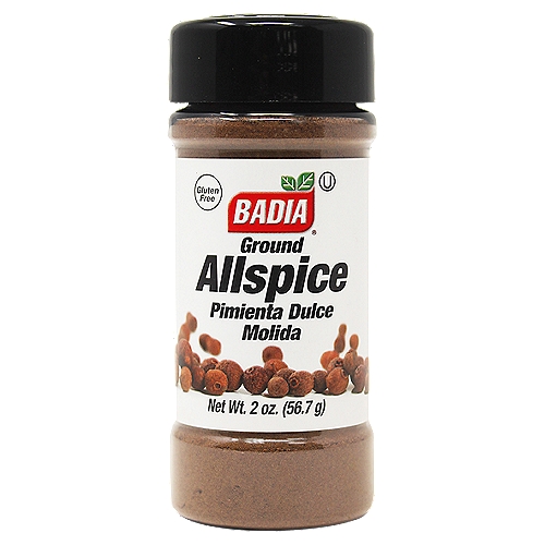 Badia Ground Allspice, 2 oz
Its name says it all, a combination of flavors which ranges from cloves to cinnamon to nutmeg. Badia Allspice is used to give a distinctive seasoning to salads, soups, stews, fish, poultry, meats, cake recipes and fruit desserts.

Badia Spices manufactures, packages, distributes, a wide array of products for the everyday cooking needs, from spices, herbs, seasoning blends, teas, side dishes, olive oils, and more. Badia is committed to offering the highest quality at the best price.