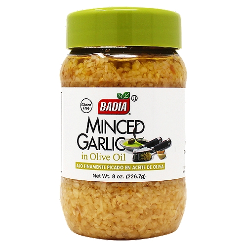 Badia Minced Garlic in Olive Oil is prepared from garlic. Convenient and ready to use for any recipe requiring fresh garlic.nnApproximate Equivalentsn1 tsp = 1-2 Garlic Clovesn1 tsp = 1 tsp Badia Minced Garlic or Badia Garlic PowdernnRefrigerate after opening.nnBadia Spices manufactures, packages, distributes, a wide array of products for the everyday cooking needs, from spices, herbs, seasoning blends, teas, side dishes, olive oils, and more. Badia is committed to offering the highest quality at the best price.