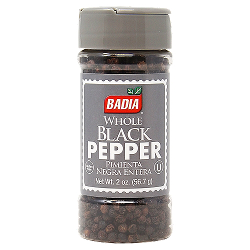 Badia Black Pepper Whole 2 oz
Badia's premium quality Black Pepper will add a fragrant bouquet and flavor to your dishes. Use it to marinate meats and to prepare sauces, soups, and salads.

Badia Spices manufactures, packages, distributes, a wide array of products for the everyday kitchen needs, from spices, herbs, seasoning blends, teas, side dishes, olive oils, and more. Badia is committed to offering the highest quality at the best price.

There are many varieties of pepper but among them Black Pepper is the most common and most used. It has a clean and aromatic flavor less spicy than other kinds of peppers, and is used for bringing depth to meat dishes, enhances the flavors of eggs and delivers the best in seafood.