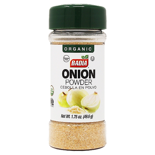 Badia Organic Onion Powder 1.75 oz
A pantry basic: Badia Organic Onion Powder! Onion is one of the most important culinary ingredients in every kitchen. Its characteristic strong flavor when raw makes it a great addition to salads. Its sweet flavor when cooked is a key element for meats, poultry, seafood, and all kinds of side dishes.

Badia Spices manufactures, packages, distributes, a wide array of products for the everyday cooking needs, from spices, herbs, seasoning blends, teas, side dishes, olive oils, and more. Badia is committed to offering the highest quality at the best price.