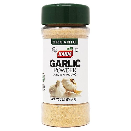 Badia Organic Garlic Powder 3 oz
A pantry basic, Badia Organic Garlic Powder. Conveniently packed and stored, Badia Organic Garlic Powder is a must-have in the spice cabinet. An indispensable and versatile ingredient that can be used on many different food preparations, from steak, to chicken, fish, shellfish, casseroles, salad dressings, soups, eggs, vinaigrettes, to burgers and stews. Sprinkle Badia Organic Garlic Powder on your pizza and avocado salad for an incredible twist! This convenient package will keep the garlic fresh and is easy to use and store. Badia Organic Garlic Powder is prepared from garlic and has all the flavor and aroma. This versatile pantry staple is an ingredient that will add all the flavor to many different dishes, from the foodie to the cook, Badia Organic Garlic Powder is a must!

Badia Spices manufactures, packages, distributes, a wide array of products for the everyday cooking needs, from spices, herbs, seasoning blends, teas, side dishes, olive oils, and more. Badia is committed to offering the highest quality at the best price.

Garlic is one of the most useful and appetizing condiments due to its distinctive flavor and attributed health benefits. It is ideal for pastas, rice, poultry, beef, seafood and vegetables.
