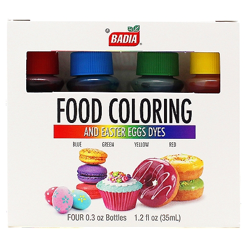 Badia Food Coloring will add beautiful and bright color to your desserts, frosting, and Easter eggs. Measure color drop by drop by squeezing the bottle. Use original colors or mix them to obtain new shades. nnUse Badia Food Coloring to color your Easter eggs:n• Use white, hard-boiled eggsn• Bring ½ cup Water to boiln• Add 1 teaspoon Vinegarn• Add ½ bottle of colorn• Dip eggs until desired color is obtainednnBadia Spices manufactures, packages, distributes, a wide array of products for the everyday kitchen needs, from spices, herbs, seasoning blends, teas, side dishes, olive oils, and more. Badia is committed to offering the highest quality at the best price.nnEaster Eggs DyesnBlue, Green, Yellow, Red