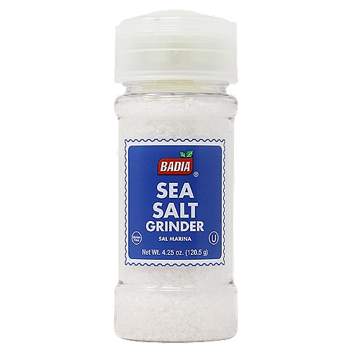 Badia Sea Salt Grinder, 4.25 oz
Badia's Sea Salt Grinder will perfectly ground sea salt to add flavor to your recipes. Badia Sea Salt Grinder is ideal to keep at the table to season all your foods.

Badia Spices manufactures, packages, distributes, a wide array of products for the everyday cooking needs, from spices, herbs, seasoning blends, teas, side dishes, olive oils, and more. Badia is committed to offering the highest quality at the best price.
