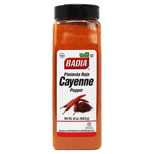 Badia Cayenne Pepper, 16 oz
Badia Red Cayenne Pepper will add a touch of spice to your favorite dishes. Commonly used in Mexican food as well as Szechuan, Indian and Cajun dishes.

Badia Spices manufactures, packages, distributes, a wide array of products for the everyday kitchen needs, from spices, herbs, seasoning blends, teas, side dishes, olive oils, and more. Badia is committed to offering the highest quality at the best price.