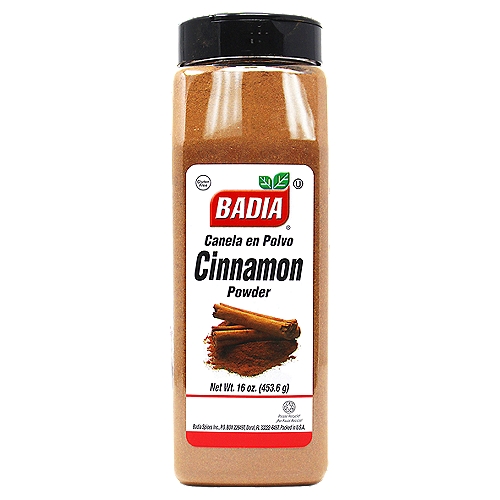 Cinnamon Powder is a common ingredient for baked goods and desserts. Cover almonds, cashews, or the preferred nuts with Badia Cinnamon Powder for an easy and delicious snack on the go or use it as the key ingredient for a delicious beverage! Mix Badia Cinnamon Powder with evaporated milk, sweetened condensed milk, cream of coconut, Badia Vanilla Extract, and Badia Nutmeg Ground. Blend until well combined. Cover and refrigerate until ready to serve. nnBadia Spices manufactures, packages, distributes, a wide array of products for the everyday kitchen needs, from spices, herbs, seasoning blends, teas, side dishes, olive oils, and more. Badia is committed to offering the highest quality at the best price.