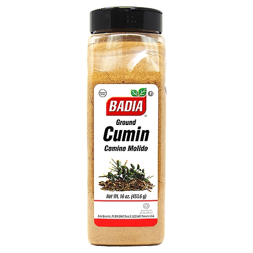 Badia Ground Cumin, 16 oz
Badia Cumin Ground is a versatile and aromatic spice. It is used in many cuisines and in dishes such as chili, curry dishes, and even breads and cheese. The native Mediterranean seasoning is used to enhance the flavor of pickled vegetables, meat and poultry, stews, and some tomato-based sauces. It is traditional in Mexican Cuisine (Chili with Meat) and it is a basic ingredient in Oriental Cuscus, Indian Curry, and bean dishes.

Badia Spices manufactures, packages, distributes, a wide array of products for the everyday cooking needs, from spices, herbs, seasoning blends, teas, side dishes, olive oils, and more. Badia is committed to offering the highest quality at the best price.