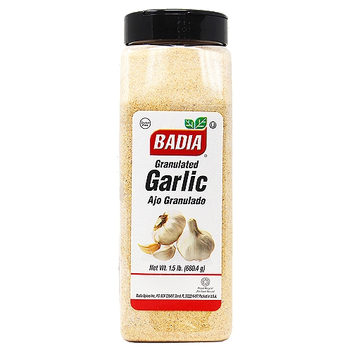 A pantry basic, Badia Garlic Granulated. Conveniently packed and stored, Badia Garlic Granulated is a must-have in the spice cabinet. An indispensable and versatile ingredient that can be used on many different food preparations, from steak, to chicken, fish, shellfish, casseroles, salad dressings, soups, eggs, vinaigrettes, to burgers and stews. Sprinkle Badia Garlic Granulated on your pizza and avocado salad for an incredible twist! This convenient package will keep the garlic fresh and is easy to use and store. Badia Garlic Granulated is prepared from garlic and has all the flavor and aroma. This versatile pantry staple is an ingredient that will add all the flavor to many different dishes, from the foodie to the cook, Badia Garlic Granulated is a must!nnBadia Spices manufactures, packages, distributes, a wide array of products for the everyday cooking needs, from spices, herbs, seasoning blends, teas, side dishes, olive oils, and more. Badia is committed to offering the highest quality at the best price.