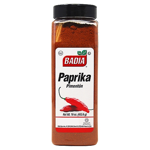 Badia Paprika, 16 oz
The pepper, also known by its Hungarian name: Paprika, not only adds delicious flavor to your meals, but it also gives them a touch of appetizing color. Badia Paprika is an indispensable ingredient when making sausages and goulash.

Badia Spices manufactures, packages, distributes, a wide array of products for the everyday kitchen needs, from spices, herbs, seasoning blends, teas, side dishes, olive oils, and more. Badia is committed to offering the highest quality at the best price.