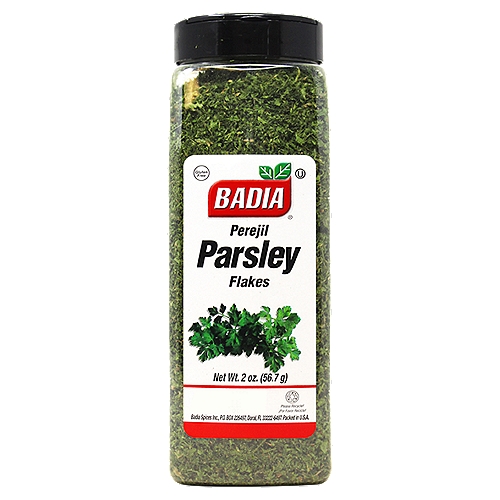 Badia Parsley Flakes, 2 oz
The global popularity of Parsley can be attributed to its rich flavor and decorative properties. Use Badia Parsley Flakes as a garnish and as a basic ingredient in butter-based sauces, meat, fish, poultry, and vegetables.

Badia Spices manufactures, packages, distributes, a wide array of products for the everyday kitchen needs, from spices, herbs, seasoning blends, teas, side dishes, olive oils, and more. Badia is committed to offering the highest quality at the best price.
