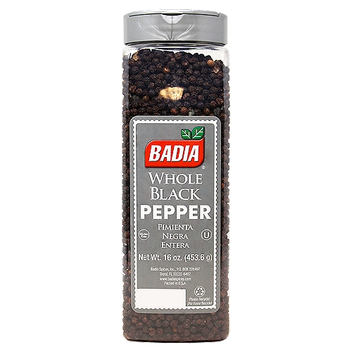 Badia Whole Black Pepper, 16 oznBadia's premium quality Black Pepper will add a fragrant bouquet and flavor to your dishes. Use it to marinate meats and to prepare sauces, soups, and salads.nnBadia Spices manufactures, packages, distributes, a wide array of products for the everyday kitchen needs, from spices, herbs, seasoning blends, teas, side dishes, olive oils, and more. Badia is committed to offering the highest quality at the best price.
