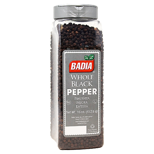 Badia Black Pepper Whole 16 oz
Badia's premium quality Black Pepper will add a fragrant bouquet and flavor to your dishes. Use it to marinate meats and to prepare sauces, soups, and salads.

Badia Spices manufactures, packages, distributes, a wide array of products for the everyday kitchen needs, from spices, herbs, seasoning blends, teas, side dishes, olive oils, and more. Badia is committed to offering the highest quality at the best price.