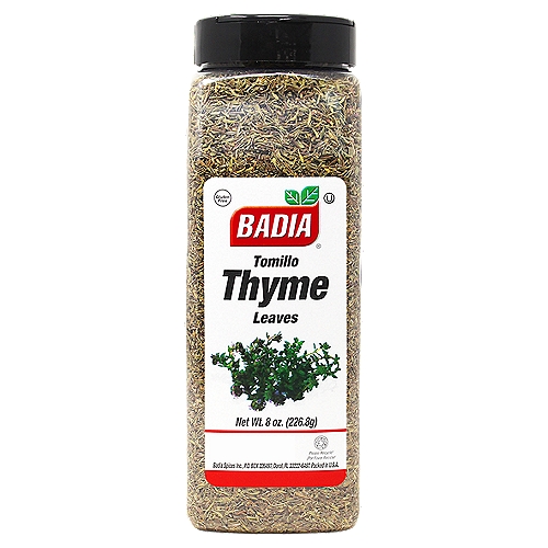 Badia Thyme Leaves, 8 oz
Thyme is one of the most frequently used aromatic herbs in Mediterranean cooking. It has a unique ability to blend well with other spices and herbs - specially Rosemary - and is used in many slow-cooked dishes like stews, soups, vegetables, meat, poultry, stuffing, and bread.

Badia Spices manufactures, packages, distributes, a wide array of products for the everyday cooking needs, from spices, herbs, seasoning blends, teas, side dishes, olive oils, and more. Badia is committed to offering the highest quality at the best price.