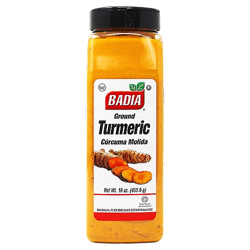 Commonly used in South Asia and Middle Eastern foods, this brightly colored spice packs a punch. A little goes a long way to add excitement to poultry, vegetables, and rice. It's an essential ingredient to curries and mustards.nnUse Badia Turmeric Ground as the key ingredient for a delicious and healthy Golden Milk. Golden Milk is flavorful beverage easy to make. Simply mix in a small saucepan 1 can of Badia Coconut Milk, 1 ½ tsp Badia Turmeric Ground, ½ tsp Badia Ginger Ground, 1 tbsp Coconut Oil, a pinch of Badia Black Pepper Ground. Cook until it starts simmering, but not boiling. Taste it and add a sweetener if desired. Sprinkle Badia Cinnamon Powder as garnish and enjoy!nnBadia Spices manufactures, packages, distributes, a wide array of products for the everyday cooking needs, from spices, herbs, seasoning blends, teas, side dishes, olive oils, and more. Badia is committed to offering the highest quality at the best price.