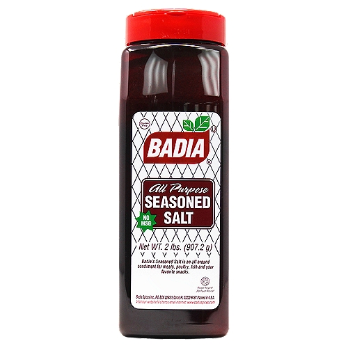 Badia's All-Purpose Seasoned Salt is an all-around condiment for meats, poultry, fish, and your favorite snacks. For best results, use a half hour before cooking.nnBadia Spices manufactures, packages, distributes, a wide array of products for the everyday cooking needs, from spices, herbs, seasoning blends, teas, side dishes, olive oils, and more. Badia is committed to offering the highest quality at the best price.