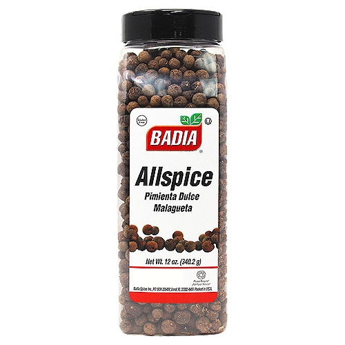 Badia Allspice, 12 oz
Its name says it all, a combination of flavors which ranges from cloves to cinnamon to nutmeg. Badia Allspice is used to give a distinctive seasoning to salads, soups, stews, fish, poultry, meats, cake recipes and fruit desserts.

Badia Spices manufactures, packages, distributes, a wide array of products for the everyday cooking needs, from spices, herbs, seasoning blends, teas, side dishes, olive oils, and more. Badia is committed to offering the highest quality at the best price.