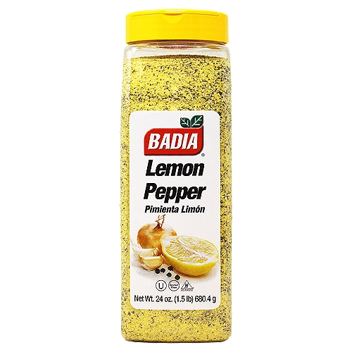 Badia Lemon Pepper, 24 oz
This delicious blend will wake up the taste of your meals, enjoy the bright flavor of lemon with the zing of crushed black pepper. This classic duo is perfect to enhance the taste of cream sauces, vinaigrettes, or vegetables. Badia Lemon Pepper Seasoning is also ideal for a zesty twist to grilled chicken, baked fish and even sugar cookies. Season your vegetables to perfection with this wonderful blend of flavors that is a kitchen staple. Badia Lemon Pepper Seasoning is filled with flavor and will wake up the taste of all your meals! Use this mix to create rubs, marinades, and dressings for your everyday meals. This delicious and flavorful mix will elevate the taste of your favorite dishes with the bright flavor of lemon.

Badia Spices manufactures, packages, distributes, a wide array of products for the everyday cooking needs, from spices, herbs, seasoning blends, teas, side dishes, olive oils, and more. Badia is committed to offering the highest quality at the best price.