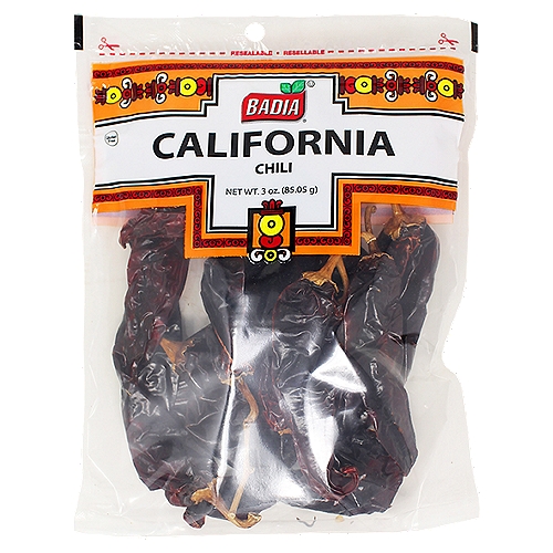 Badia California Chili, 3 oz
The smooth and fruity flavor of the California Chili is used in a wide variety of Mexican recipes. This mildly hot chili is also known as “chilacas''. It will add a nice color to your favorite dishes.

Badia Spices manufactures, packages, distributes, a wide array of products for the everyday kitchen needs, from spices, herbs, seasoning blends, teas, side dishes, olive oils, and more. Badia is committed to offering the highest quality at the best price.