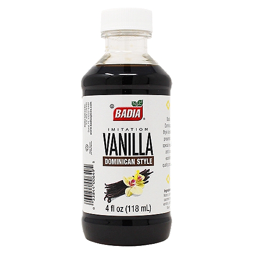 Badia Vanilla Extract Imitation Dominican Style 4 fl oz
Badia Vanilla Extract Imitation Dominican Style is presented by special request and is an excellent quality product.

Badia Spices manufactures, packages, distributes, a wide array of products for the everyday kitchen needs, from spices, herbs, seasoning blends, teas, side dishes, olive oils, and more. Badia is committed to offering the highest quality at the best price.