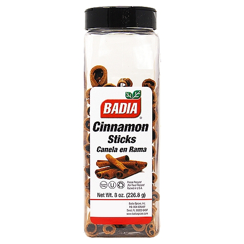 Badia Cinnamon Sticks, 8 oz
Cinnamon is one of the oldest spices known, it comes from the bark of the tree. It is used mainly on desserts, fruits, and beverages. Its fragrant aroma and flavor have also been considered the secret ingredient in some meat stews, rice preparations, and vegetables dishes.

Badia Spices manufactures, packages, distributes, a wide array of products for the everyday kitchen needs, from spices, herbs, seasoning blends, teas, side dishes, olive oils, and more. Badia is committed to offering the highest quality at the best price.
