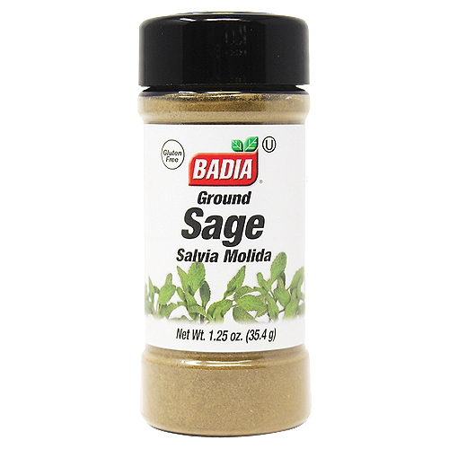 Badia Ground Sage, 1.25 oz
Of Mediterranean origin, Sage is an aromatic herb, whose original use was for medicinal purposes. Use Badia Sage Ground to add flavor to poultry, wieners, risotto, salads, and cheese dishes.

Badia Spices manufactures, packages, distributes, a wide array of products for the everyday cooking needs, from spices, herbs, seasoning blends, teas, side dishes, olive oils, and more. Badia is committed to offering the highest quality at the best price.