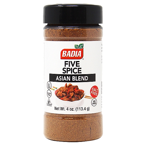 Badia Asian Blend Five Spice, 4 oz
Badia Five Spice Asian Blend is a clever mix of the sweet, sour, savory, and salty flavors of the traditional Asian cuisine.

Badia Spices manufactures, packages, distributes, a wide array of products for the everyday cooking needs, from spices, herbs, seasoning blends, teas, side dishes, olive oils, and more. Badia is committed to offering the highest quality at the best price.