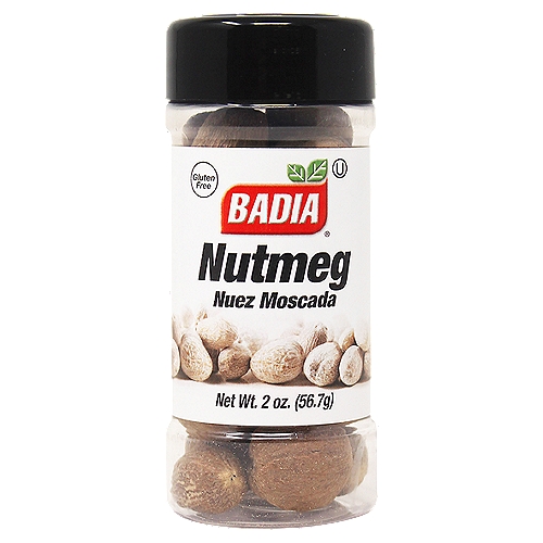 Nutmeg is the seed of a fruit resembling an apricot. Nutmeg has a deliciously sweet and nutty flavor. Badia Nutmeg will enhance your favorite meat, soup, and preserves. It will also add an exotic touch to baked goods such as cookies, cakes, and pies.nnBadia Spices manufactures, packages, distributes, a wide array of products for the everyday cooking needs, from spices, herbs, seasoning blends, teas, side dishes, olive oils, and more. Badia is committed to offering the highest quality at the best price.