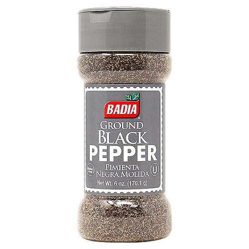 Badia Ground Black Pepper, 6 oznBadia's premium quality black pepper is freshly ground and will add a fragrant bouquet and flavor to your favorite dishes. Use it to marinate meats and to prepare sauces, soups and salads.
