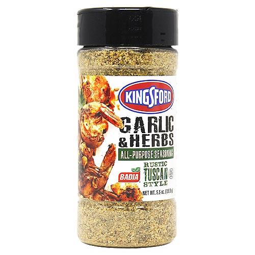 Badia Kingsford Garlic & Herbs All-Purpose Seasoning, 5.5 oz
• We use the highest quality ingredients to ensure that you have the highest quality meal.
• From your barbeque grill to your sautéed pan, oven and crock pot.
• Use this versatile product to wake up meats, vegetables, soups, eggs and pasta.
• An incredible blend of garlic and herbs that makes any meal delicious and full of flavor.
