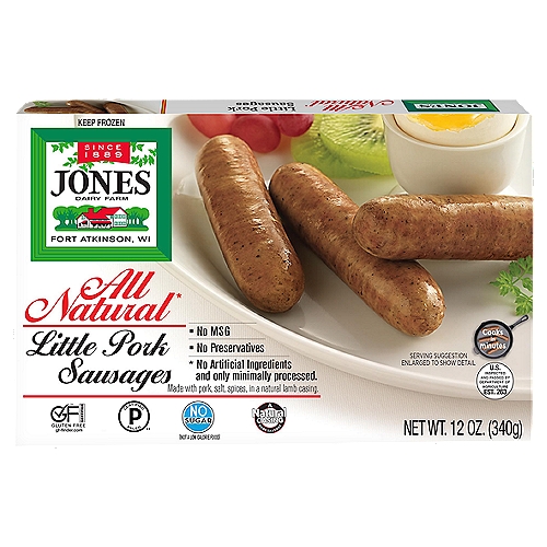 Jones Dairy Farm All Natural Little Pork Sausages, 12 oz
All natural*
* No artificial ingredients and only minimally processed.

Because sausages are stuffed in natural casing that may vary slightly in diameter this package may contain 11 to 13 links.