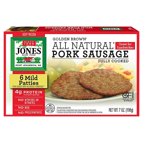 Jones Dairy Farm Golden Brown All Natural Pork Sausage Patties, 6 count, 7 oz
All Natural*
* No Artificial Ingredients and Only Minimally Processed.

Pork Raised With No Added Hormones**
** Federal Regulations Do Not Permit the Use of Hormones in Pork.