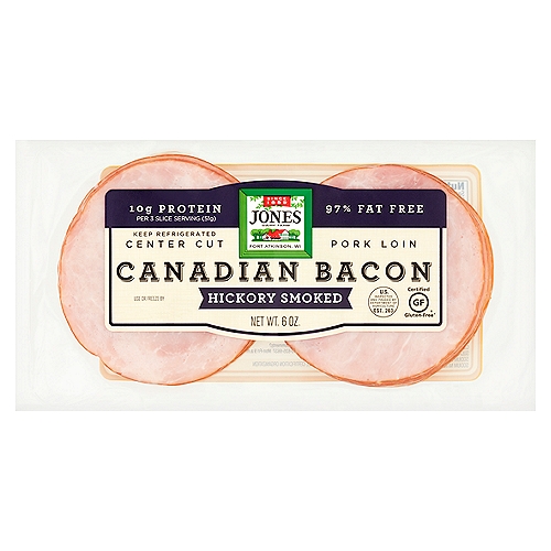 Jones Dairy Farm Hickory Smoked Canadian Bacon, 6 oz
What Makes Jones Canadian Bacon Better?
Jones makes Canadian Bacon with fresh center cut pork loins - pure meat through and through with none of the fillers or trimmings found in some Canadian-style bacon. It's quality you can see. Gentle hickory smoking adds distinctive flavor.