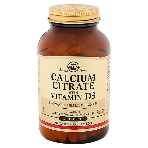 Solgar Calcium Citrate with Vitamin D3 Dietary Supplement, 120 count
Promotes Healthy Bones*

Calcium is an essential mineral needed every day for proper health.* 99% of the body's calcium can be found in the bones and teeth. This mineral provides the building blocks that help keep bones and teeth strong and healthy.* In addition, calcium helps to support the health of other systems in the body, including musculoskeletal and nervous systems.* This formulation contains vitamin D3 to promote calcium absorption.*
Adequate calcium and vitamin D as part of a healthful diet, along with physical activity, may reduce the risk of osteoporosis in later life.
*These statements have not been evaluated by the Food and Drug Administration. This product is not intended to diagnose, treat, cure or prevent any disease.