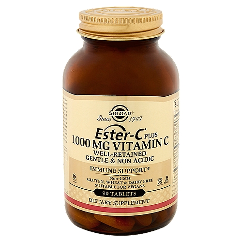 Solgar Ester-C Plus Vitamin C Dietary Supplement, 1000 mg, 90 count
Immune Support*

Ester-C® Plus is exclusively formulated by Solgar® and provides a unique, pH neutral (non acidic) vitamin C that is gentle on the stomach. The vitamin C metabolites in Ester-C® positively impact the retention of vitamin C in cells, providing additional benefits. A special manufacturing process is employed to form a unique calcium ascorbate metabolite complex. This well-retained complex yields beneficial antioxidant and immune system support and incorporates natural bioflavonoids and acerola berry along with rose hips fruit powder.
*These statements have not been evaluated by the Food and Drug Administration. This product is not intended to diagnose, treat, cure or prevent any disease.