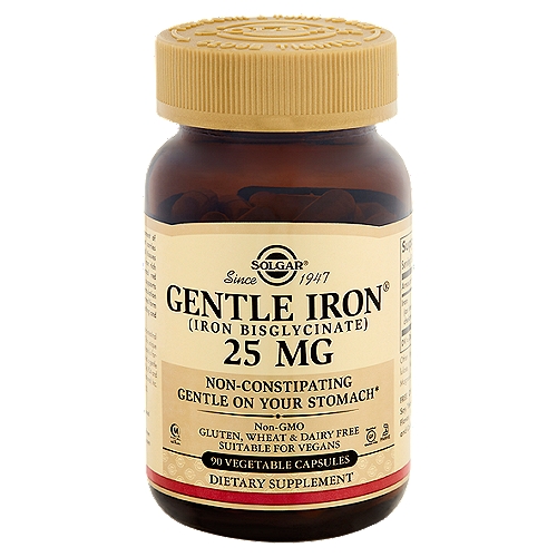 Solgar Gentle Iron Dietary Supplement, 25 mg, 90 count
Non-Constipating Gentle on Your Stomach*

Iron is an important component of hemoglobin, the protein that carries oxygen from the lungs to all tissues of the body and promotes iron rich blood.* Iron promotes normal red blood cell production and supports energy utilization.* This formulation provides an advanced, patented form of iron which is non-constipating and gentle on the stomach.*
*These statements have not been evaluated by the Food and Drug Administration. This product is not intended to diagnose, treat, cure or prevent any disease.