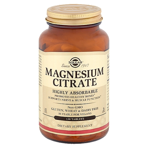 Solgar Magnesium Citrate Dietary Supplement, 120 count
Promotes Healthy Bones*
Supports Nerve & Muscle Function*

Magnesium helps to regulate calcium transport and absorption.* By stimulating the secretion of calcitonin, it aids the influx of calcium into bone and promotes optimal bone mineralization.* Along with ATP, magnesium support cellular energy metabolism.* It also supports nerve and muscle function.* This formulation provides magnesium citrate, a highly absorbable form of this important mineral.
*These statements have not been evaluated by the Food and Drug Administration. This product is not intended to diagnose, treat, cure or prevent any disease.