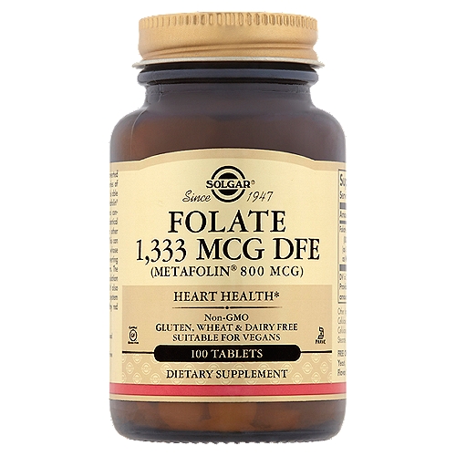Solgar Folate Dietary Supplement, 1,333 mcg DFE, 100 count
Heart Health*

Folic acid must first be converted to its active form by a series of biochemical steps, before it is able to be used by the body. Metafolin® (L-methylfolate) requires no conversion because it is bioidentical to the bio-active form. In other words, it is 'body-ready'. This can be useful for individuals whose bodies have difficulty converting folic acid to its active form. The active folate in this formulation promotes heart health. It also supports a healthy nervous system and the formation of healthy red blood cells.*
*These statements have not been evaluated by the Food and Drug Administration. This product is not intended to diagnose, treat, cure or prevent any disease.