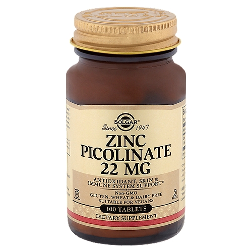 Solgar Zinc Picolinate Dietary Supplement, 22 mg, 100 count
Antioxidant, Skin & Immune System Support*

Zinc promotes healthy skin and supports normal taste and vision. It exerts antioxidant activity and can support a healthy immune system. This formulation provides premium quality zinc as zinc picolinate.*
*These statements have not been evaluated by the Food and Drug Administration. This product is not intended to diagnose, treat, cure or prevent any disease.