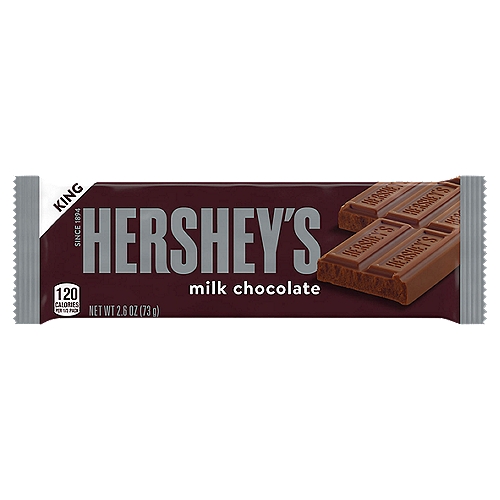 Contains one (1) 2.6-ounce HERSHEY'S Milk Chocolate King Size Candy Bar
Bring your candy dish, gift-giving and s'mores games to the next level with HERSHEY'S classic milk chocolate candy
Kosher-certified, king size milk chocolate candy wrapped for lasting freshness and on-the-go snacking during any adventure
Kick birthday parties, graduation celebrations, anniversary dates, movie nights and campfires up a notch with classic milk chocolate for everyone involved
Get a king size bar of the classic, creamy HERSHEY'S milk chocolate the world has known and loved for decades in Christmas, Valentine's Day, Halloween and Easter candy selections
Include sections of HERSHEY'S chocolate candy bars in dessert recipes, ice cream sundae stations and bake-off events

There's happy, and then there's HERSHEY'S happy. Made of the delectable, creamy milk chocolate that's been a classic for decades, HERSHEY'S milk chocolate candy bars make life more delicious whether they're enjoyed alone or shared with your loved ones. This king size candy is the perfect treat for countless special and everyday occasions. HERSHEY'S king size milk chocolate bars can be used to stuff Christmas stockings, fill Halloween trick-or-treat bags, top off Easter baskets and create Valentine's Day party favors for everyone you love.