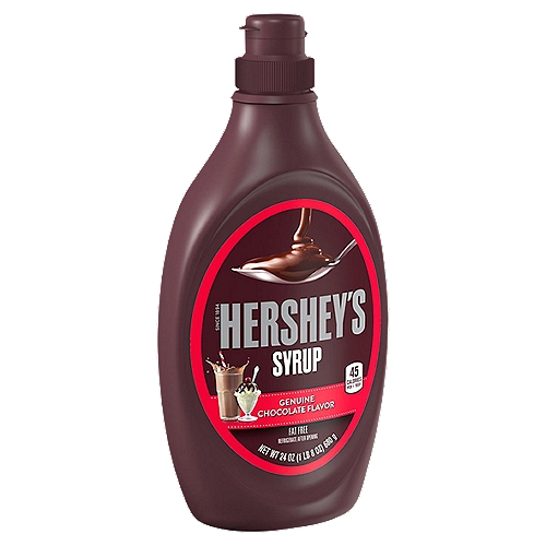 Hershey's Chocolate Syrup, 24 oz
HERSHEY'S chocolate syrup is full of the genuine chocolate flavor you know and love and packed in the classic bottle. Enjoy the sweet and delicious taste of chocolate syrup on everything from cakes to cookies. It is the perfect syrup to add to your milk, hot cocoa and coffee. Try drizzling it over your brownies and cakes, or use it to make chocolate floats and sundaes. No matter what you're making or who is at your gathering, pop open the lid and squeeze, swirl, dot or drizzle the syrup onto some of your favorite drinks and desserts. Squeeze the syrup onto your ice cream sundaes as a tasty topping or stir it into a glass of milk for a classic glass of chocolate milk. The syrup is also a great way to add a little sweetness to your morning coffee. HERSHEY'S chocolate syrup is great to have on hand for every holiday so that you're always ready to create delicious treats and recipes for the entire family. This chocolate syrup is fat free and has no artificial colors. It comes packaged in a closeable and squeezable syrup bottle for easy pouring. Once you're finished, place the bottle in the refrigerator.