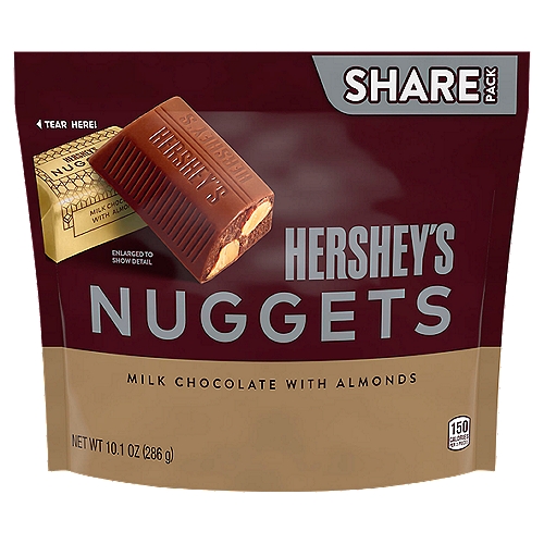 Contains one (1) 10.1-ounce share pack of HERSHEY'S NUGGETS Milk Chocolate with Almonds Candy Bars

Fill your snack drawers, candy dishes, camping supplies and to-go snack bags with HERSHEY'S almond-packed milk chocolate any adventure buddy will love

Kosher-certified, gluten-free milk chocolate with almonds candies individually wrapped in vibrant golden foils for lasting freshness and a gorgeous, sophisticated appearance

Make graduation celebrations, retirement parties, birthday gatherings, campfires and anniversary dates extra special with milk chocolate almond deliciousness

Melt-in-your-mouth meets on-the-go snacking with creamy, decadent milk chocolate over fresh, crunchy almonds in the perfect two-bite HERSHEY'S NUGGETS servings for Christmas, Valentine's Day, Halloween and Easter candy selections

Give all the year's best baked goods a little hint of extra sweetness with a HERSHEY'S NUGGETS milk chocolate and almond bar on top of each special treat

The HERSHEY'S NUGGETS milk chocolate with almonds candy share pack is filled with delicious chocolate treats any milk chocolate and almond lover will adore. Each two-bite candy offers creamy, delightful milk chocolate over crisp, crunchy almonds individually wrapped in stunning golden foil. Dress your kitchen table up with a bowl of HERSHEY'S NUGGETS goodies, surprise your co-workers with a filled candy dish or drop a handful of these treats into a party bag for an instant, anytime gift. HERSHEY'S NUGGETS candies are a crowd-pleasing treat to share during game nights and movie marathons — attendees will swear they've never seen a better snack selection.