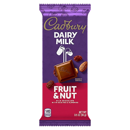 Change things up with chewy raisins and chopped almonds wrapped in creamy Cadbury Milk Chocolate. Cadbury Dairy Milk Fruit & Nut Milk Chocolate Bar is an indulgent way to make the moment delicious.