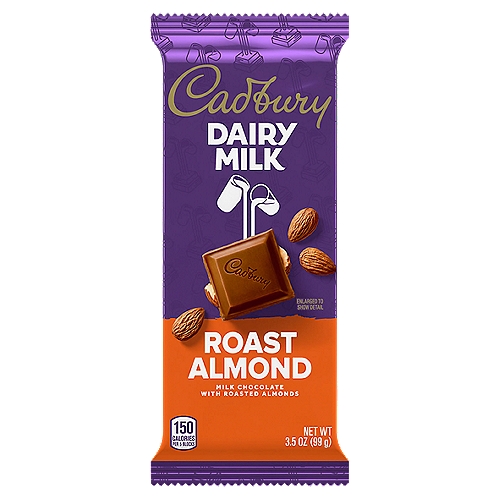 Cadbury Dairy Milk Roast Almond Milk Chocolate, 3.5 oz
Reach for a creamy CADBURY DAIRY MILK chocolate bar when you want to indulge in a delicious, velvety smooth milk chocolate treat with crunchy roasted almonds inside. Enjoy a few pieces straight out of the wrapper when you need a break with a tasty sweet included. With this premium milk chocolate and almond candy, you can even think about adding a nutty touch to your baking prep! Carefully melt the CADBURY chocolate, then dip, dunk, drizzle and swirl it over sweet and salty snacks, including pretzels, fruit, marshmallows, assorted nuts and just about every other treat you can think of. Take a large almond and milk chocolate bar to work for a midday treat with your co-workers, or add some to gift baskets to share the timeless taste of milk chocolate packed with roasted almonds. These candies also make unique chocolate gifts during Valentine's Day, basket fillers at Easter, stocking stuffers throughout the holidays and Halloween treats during trick-or-treat season. Get ready to please the crowd whether you're celebrating a holiday or just enjoying an ordinary sharing moment with CADBURY DAIRY MILK Roast Almond chocolate candy you'll swear tastes better with every bite.
