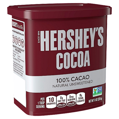Unsweetened, perfectly balanced and overly delicious! HERSHEY'S natural unsweetened cocoa is a versatile pantry staple for dozens of savory baked goods. Add these tasty HERSHEY'S cocoa desserts to your recipe book — cocoa crinkle cookies, double chocolate chip cookies, brownies, cakes, icing, cheesecakes and fudge! The gluten-free and kosher-certified unsweetened cocoa powder with is a delicious addition to almost any chocolaty dessert. After you've finished baking, you can sprinkle on a bit more powder on top for a beautiful finishing touch. You can even savor a few scoops of cocoa in your hot chocolate. You and your kids will love having a chocolaty addition. Add a few marshmallows on top and you've got a scrumptious cup of hot cocoa. You can also add HERSHEY'S chocolate cocoa to your coffee as a sweet mocha accent. The recipes are endless, and the holidays are made extra special when you have HERSHEY'S cocoa on hand.