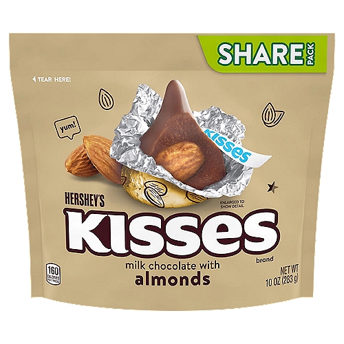 HERSHEY'S KISSES Milk Chocolate and Almond Candy, Share Size, 10 oz, Share Bag