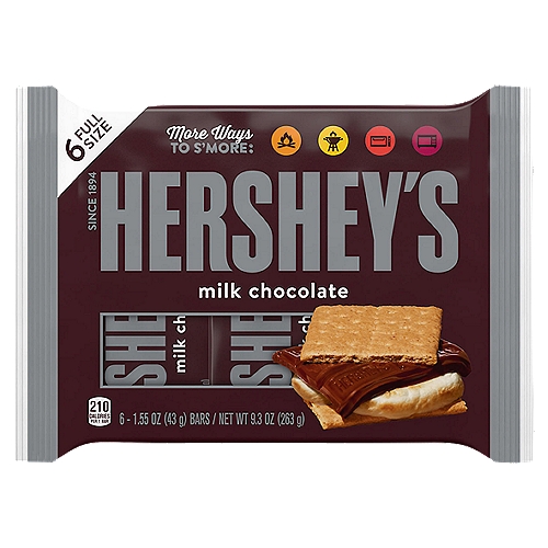Hershey's Milk Chocolate Bars, 1.55 oz, 6 count
There's happy, and then there's HERSHEY'S happy. Made of the delectable, creamy milk chocolate that's been a classic for decades, HERSHEY'S milk chocolate bars make life more delicious whether they're enjoyed alone or shared with loved ones. These full-size candies are the perfect treat for countless special and everyday occasions. HERSHEY'S full-size milk chocolate candy bars can be used to stuff Christmas stockings, Halloween trick-or-treat bags, Easter baskets and Valentine's Day party favors. Keep a pack on hand for guests and store some in your pantry for convenient snacking when the mood strikes. Show up to movie night with a pack of HERSHEY'S bars to please the whole crowd and perfect the night's snack selection. You can even sweeten up your favorite baked desserts with these chocolates by topping cupcakes, brownies and cookies with a section or two. Everyone is excited when they're reaching for HERSHEY'S milk chocolate, and now you can be, too!