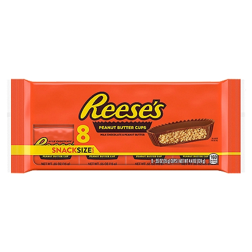 8 Count; Snack with an American classic! The delicious combination of chocolate and peanut butter, Reese's Peanut Butter Cups are the perfect companion for movies, sports, and parties.