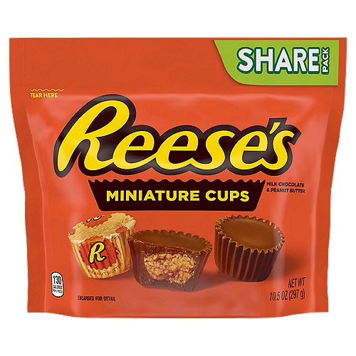 Reese's Milk Chocolate & Peanut Butter Miniature Cups Share Pack, 10.5 oz
Don't let their small size fool you: REESE'S Miniatures milk chocolate peanut butter cups candies are huge on chocolate and peanut butter taste. Individually wrapped, bite-sized and perfectly poppable, REESE'S Miniatures candies make a delicious anytime treat. Plus, this share pack ensures you'll have plenty for sharing with friends and family during all your get-togethers. You can even have this bag tag along with you as you begin a road trip adventure or enjoy a pick-me-up at the office. All you have to do is unwrap these chocolate peanut butter delights and enjoy. If you want to get more creative, add these miniature peanut butter treats covered in milk chocolate to your ice cream sundae buffet or place them on individually knotted pretzels to melt in the oven for a sweet, salty and gooey combination. REESE'S Miniatures are a timeless kosher-certified and gluten-free indulgence. They even make scrumptious holiday treats whether you hide them in Easter baskets, Christmas stockings, Valentine's Day gift bags or Halloween desserts.